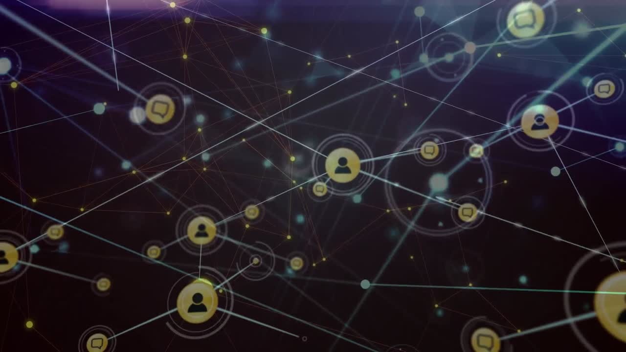 animación de la red de conexiones con iconos en fondo negro