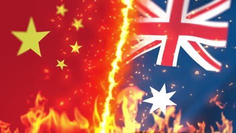 china versus australia flag on fire loop animation