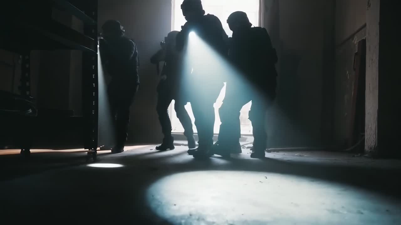 Videooptagelse fra lav vinkel af et taktisk team i silhuet med dramatiske lysstråler.