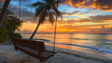 a wooden swing on a beach with palm trees in the background