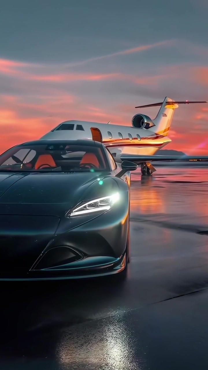 Elegante auto sportiva parcheggiata accanto a un jet privato al tramonto