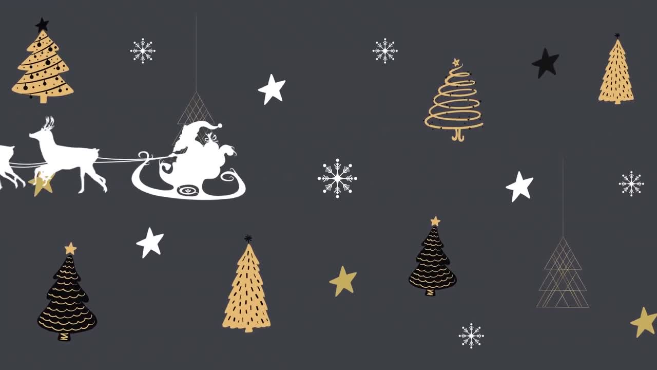 animación de santa claus en trineo con renos sobre estrellas y textura de árbol de navidad