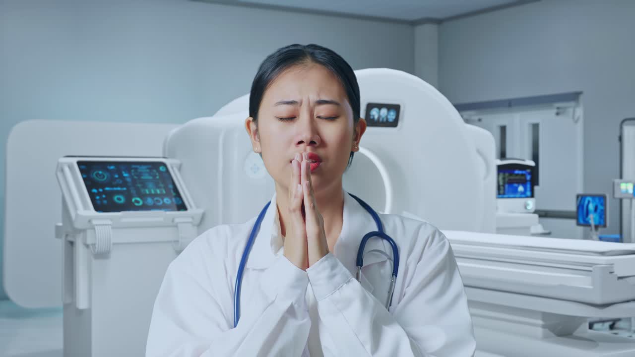 Close Up Of Asian Woman Doctor With Stethoscope Pray For Something With Mri Machine In The Hospital