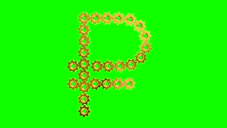 los engranajes dorados - el signo del rublo ruso, 4k. bucle sin costuras, pantalla verde.