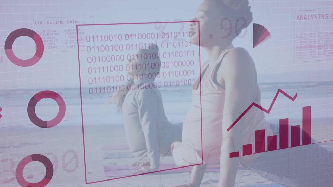 Two women doing backbend on beach, magenta globe appearing and driving data overlay showing health