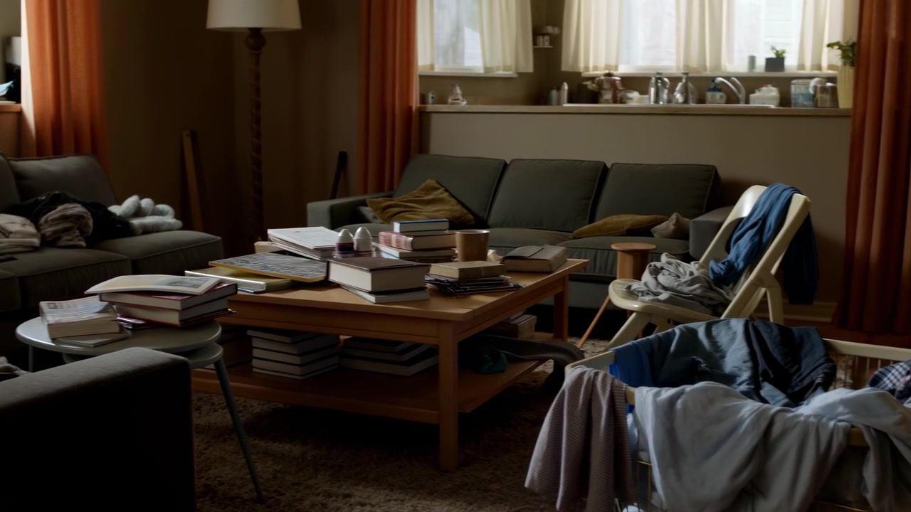 A cluttered living room with a laundry basket full of clothes in the foreground, surrounded by a chair, sofa, coffee table, books, papers, and a window with curtains in warm domestic light