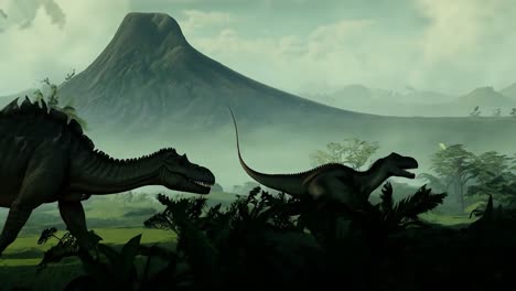 two dinosaurs in a jungle landscape