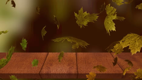 animación digital de múltiples hojas de otoño flotando sobre la superficie de madera contra el bosque