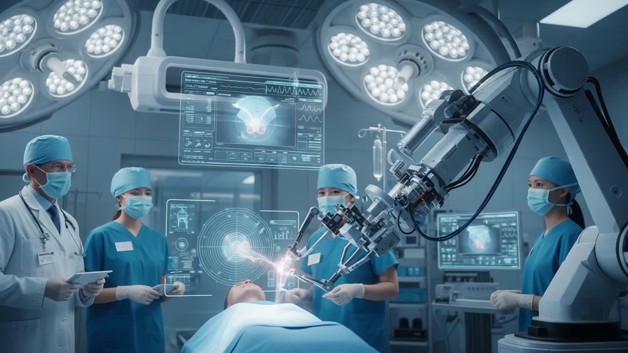 Advanced Robotic Surgery: A Highly Skilled Medical Team Utilizes Cutting-Edge Technology to Perform a Complex Operation in a State-of-the-Art Surgical Environment