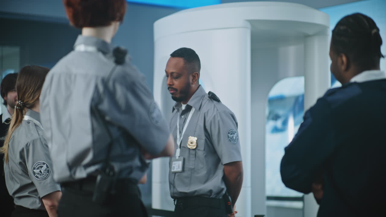 Airport Security Personnel Meeting at Checkpoint