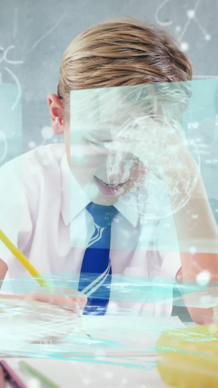 анимация обработки научных данных на экранах над кавказским школьником