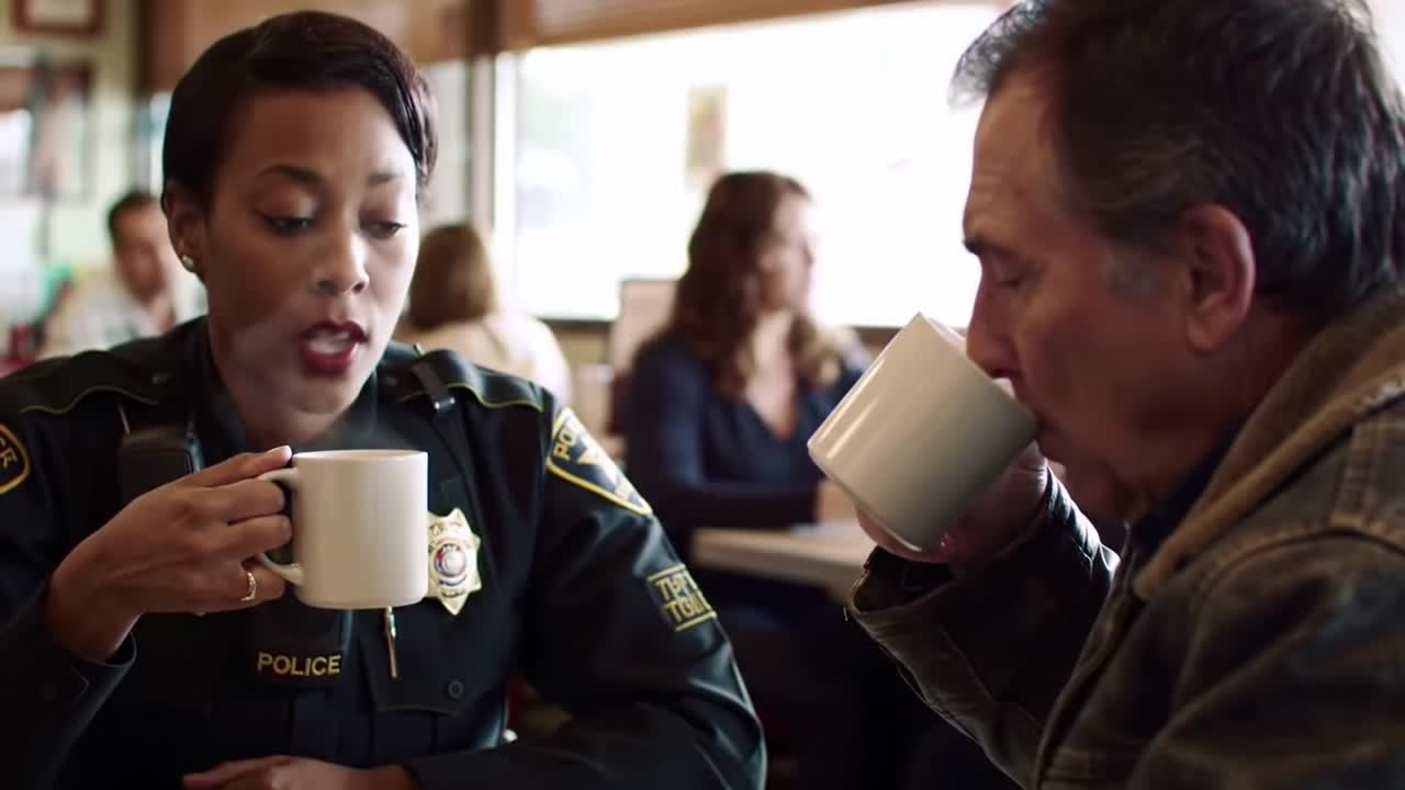 A police officer engages in conversation with a local citizen while enjoying coffee at a bustling diner. Their interaction reflects community connection and support in everyday life.