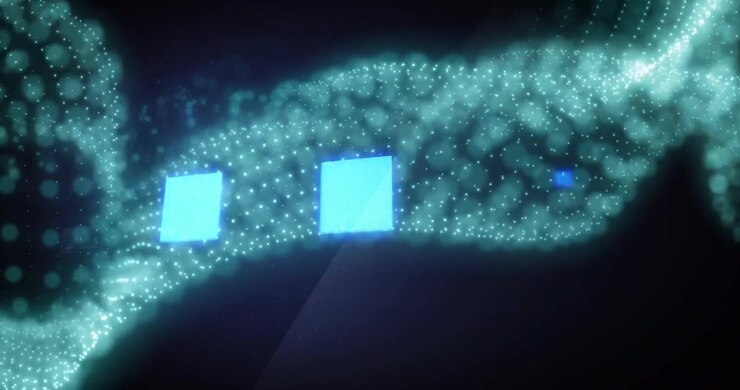 Particle ribbon with two blue squares flowing in dark void, central flash sparking data flow