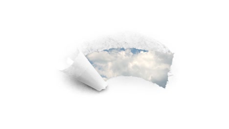 un video creativo de 4k de nubes que se mueven rápidamente en el cielo azul que son visibles a través de un agujero con bordes rasgados en papel blanco. el concepto de oportunidades, un futuro feliz.
