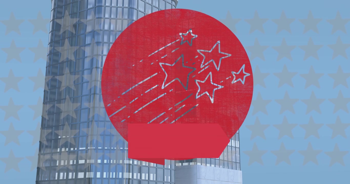 Moderno grattacielo di vetro con grafica overlay a stella patriottica.