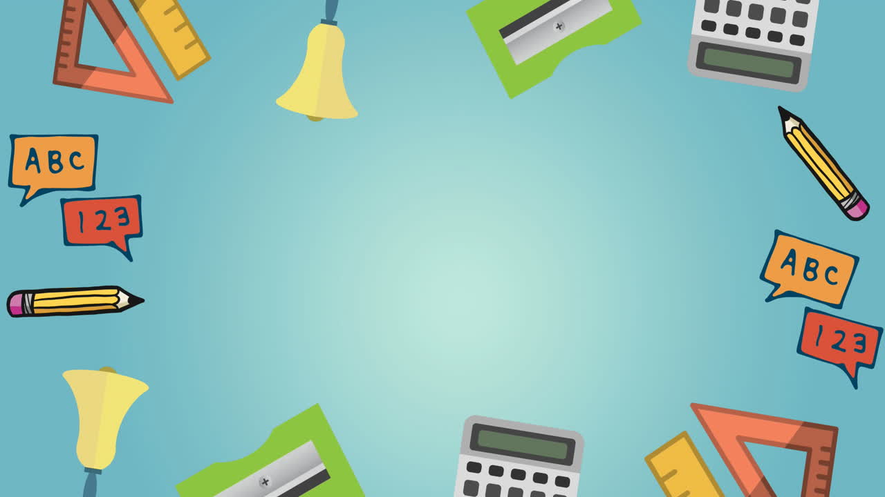 파란색 그라디언트 배경의 복사 공간에 대한 여러 학교 개념 아이콘의 애니메이션