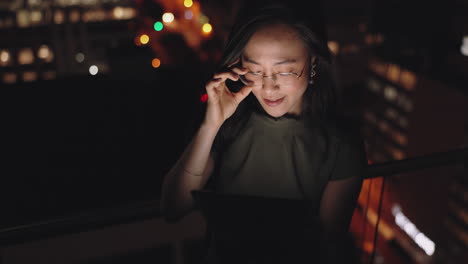 glasses, tablet and asian woman in night office