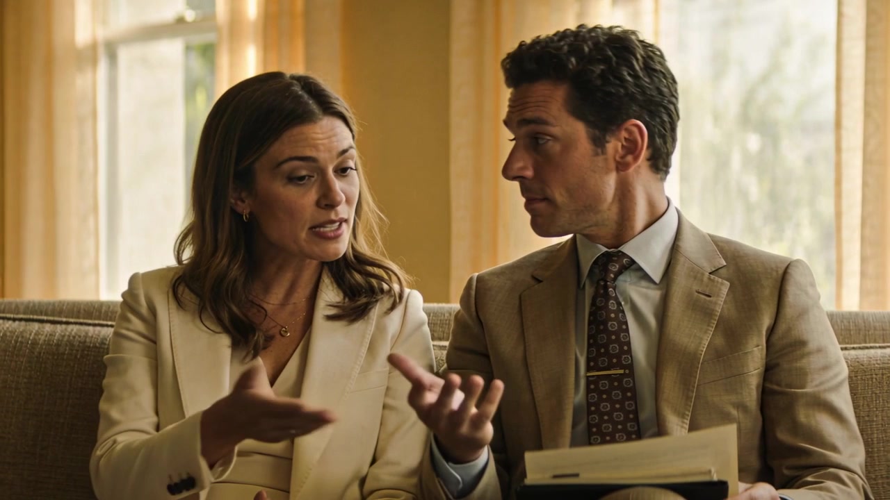 Discussing couple wearing business clothes, sitting on sofa in living room after seeing dark folder