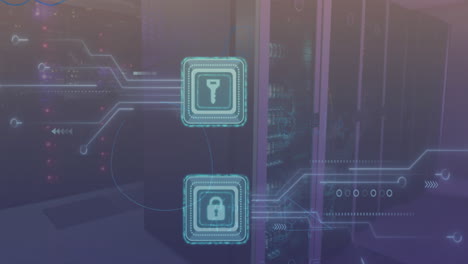 animación del candado de seguridad y el icono de la llave con conexiones de microprocesador sala de servidor de computadora