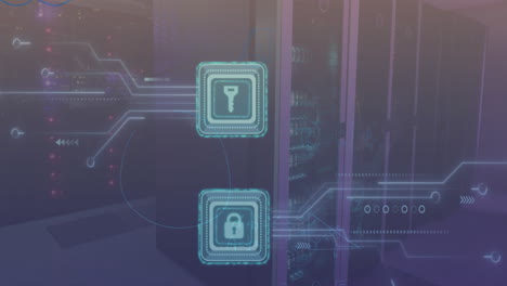 animation of security padlock and key icon with microprocessor connections computer server room