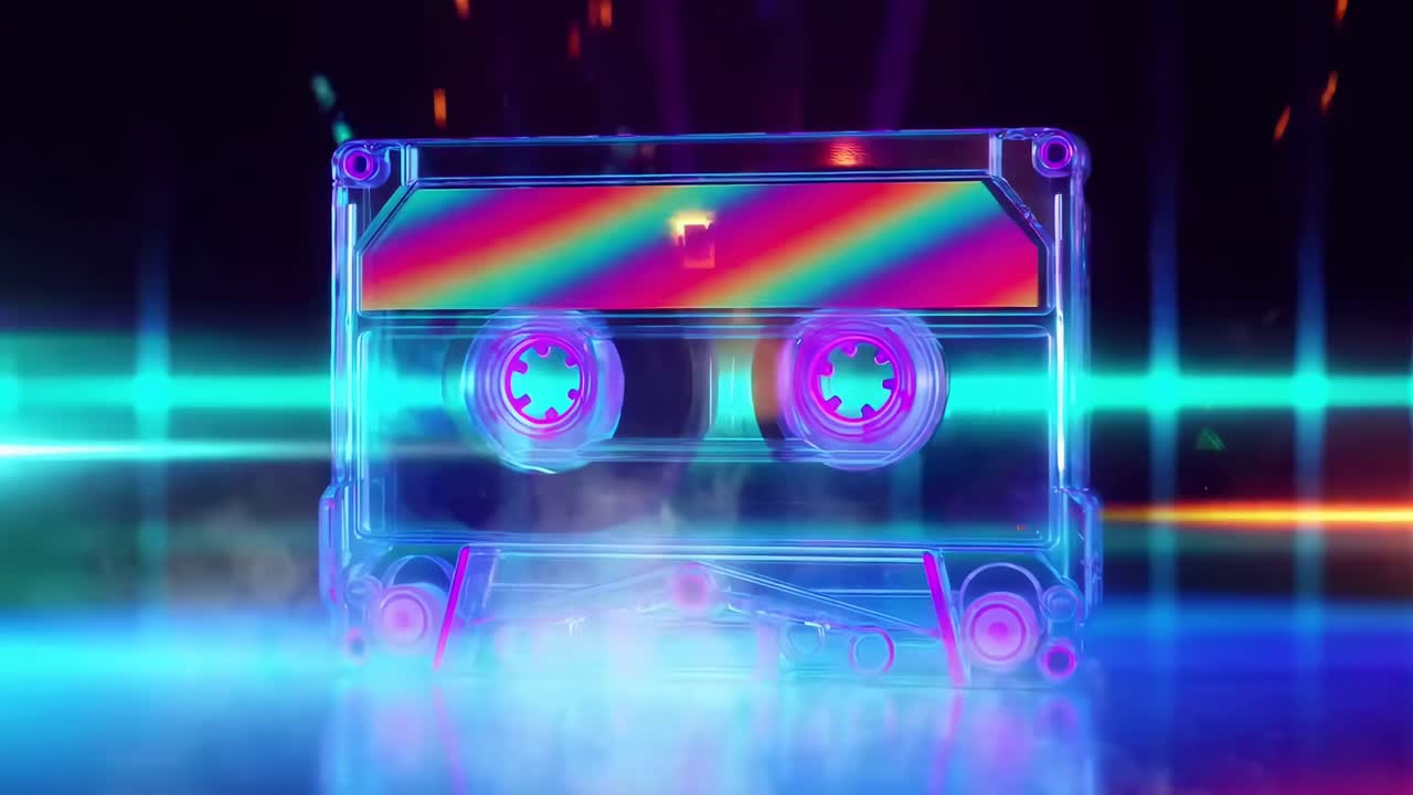Musicassetta illuminata al neon con un'atmosfera retro-futuristica, ripresa all'altezza degli occhi per un video.