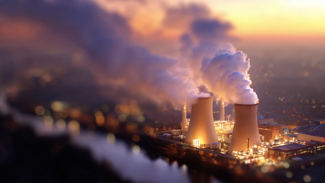 Centrale elettrica industriale al tramonto: emissioni e vapore si innalzano nel cielo sopra le torri di raffreddamento, illuminate sullo sfondo di un tramonto vibrante