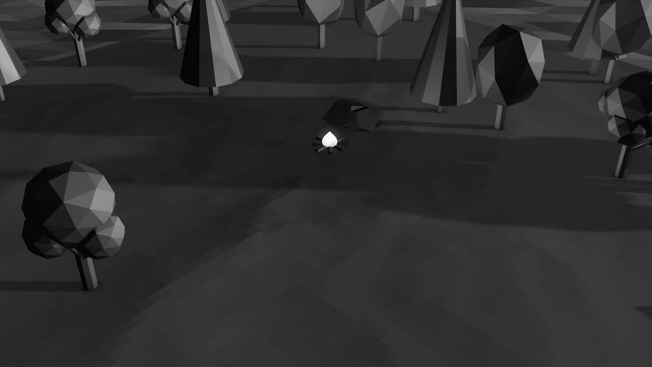 캠프 불과 함께 폴리 낮은 숲 장면