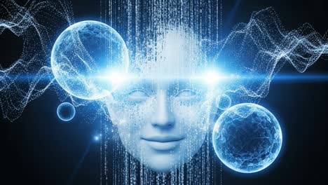 a futuristic representation of artificial intelligence where a digital face is combined with floating spheres, emitting beams of light and coded signals, embodying the essence of technological advancement and innovation