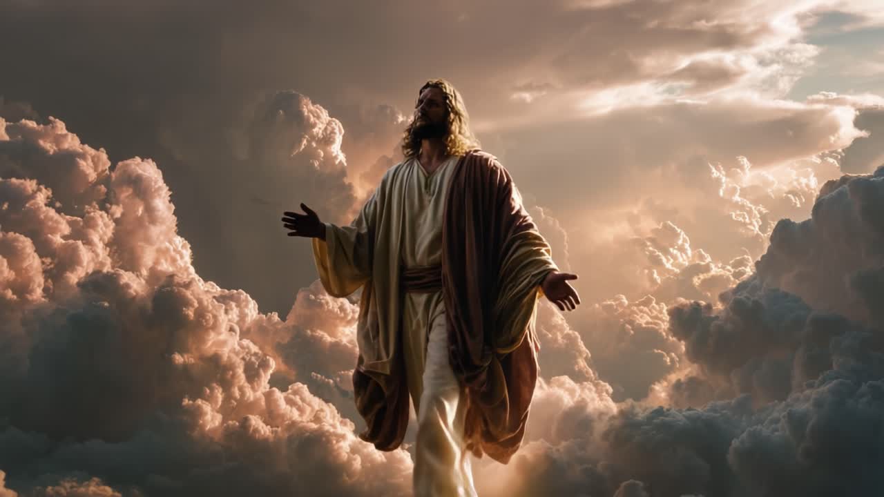 Un Viaggio Etereo: Una figura ascende attraverso nuvole maestose, immersa nella luce divina, simboleggiando speranza, fede e risveglio spirituale in un regno cosmico