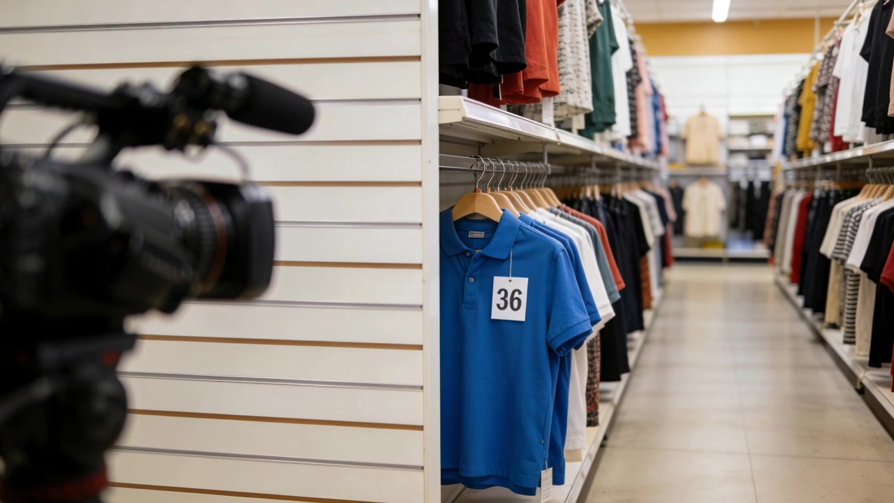 Pulling focus, camera rig shifting, sharpening blue polo on right rack at store aisle, tag '36'