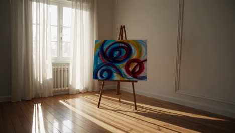 abstract painting on easel in sunny room