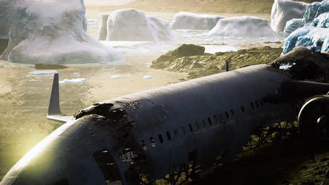 restos de una aeronave en una costa remota cerca de icebergs durante la puesta del sol