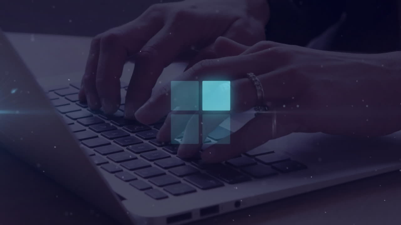 Animation of loading square over caucasian businesswoman using laptop