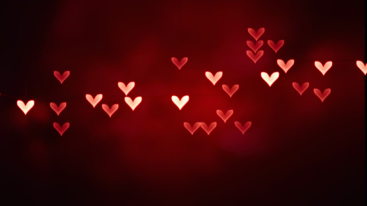 Luci che si intensificano, moltiplicazione degli evidenziatori bokeh a forma di cuore rosso, messa a fuoco in studio che forma la fila centrale