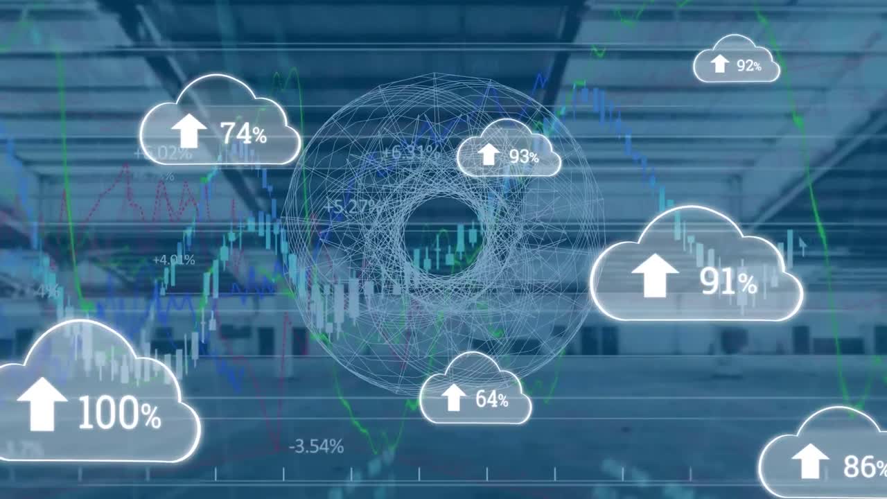 Animation of clouds with growing number and financial data processing over empty office