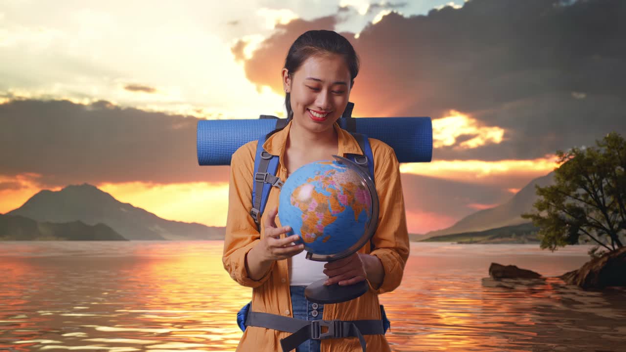 mujer con una mochila y un globo en la puesta del sol