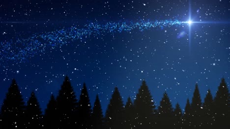 animation of snow falling over shooting star and christmas trees on blue background
