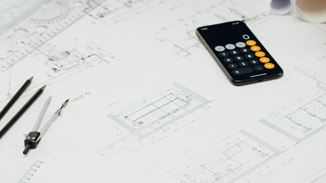 Person working on blueprints using a smartphone calculator