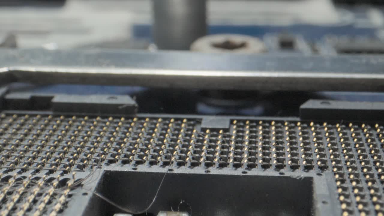 pc motherboard dirty microprocessor cpu socket contact points closeup to wide view