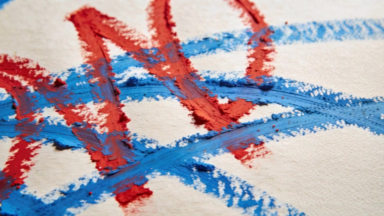 Panning camera revealing red looped strokes and blue arcs on rough paper, documenting paint ridges