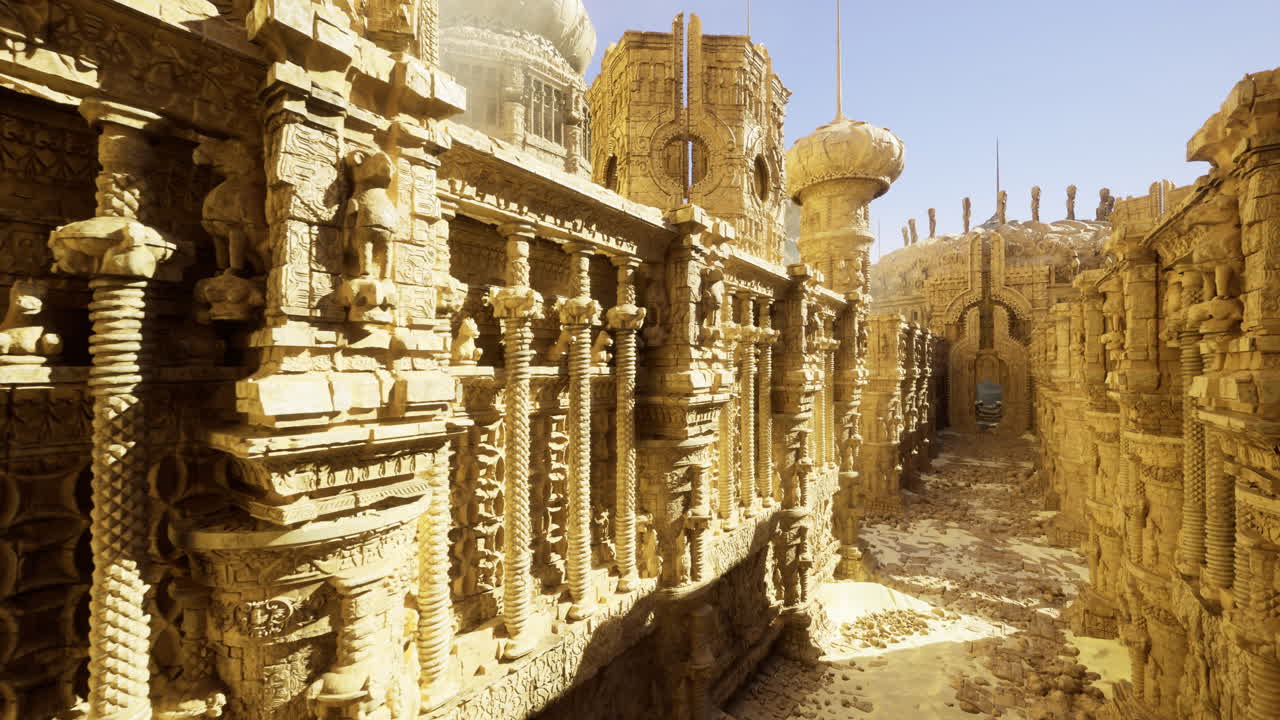 Ancient ruins revealing intricate carvings in a sunlit desert landscape