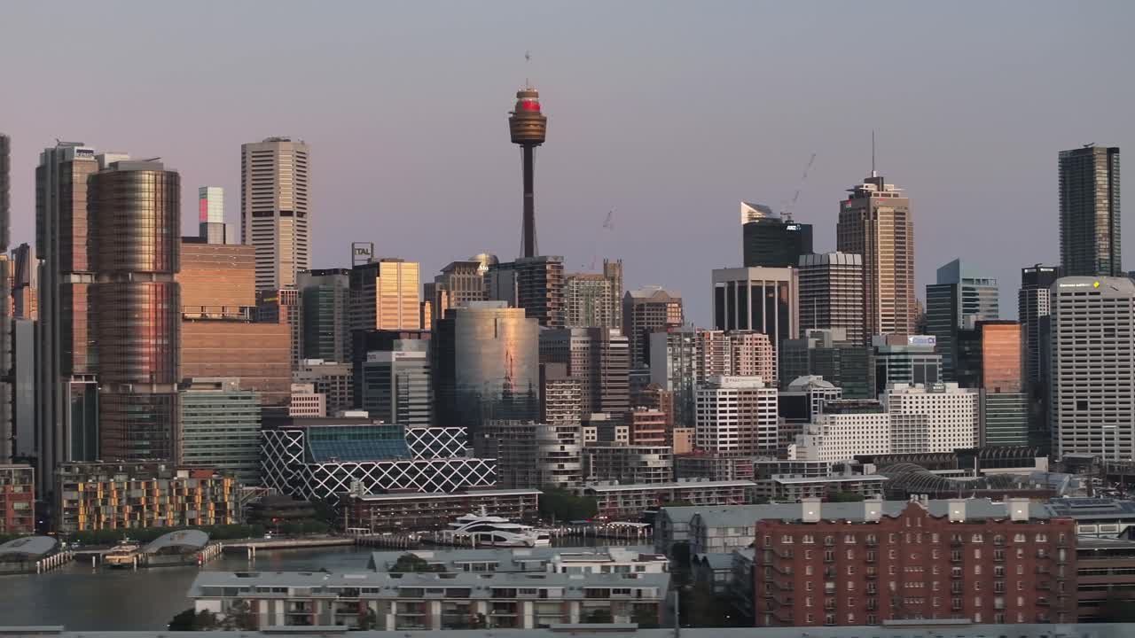Drone Shot Of City Landmarks, Tower And Darling Harbour In Sydney, Australia. Cityscape