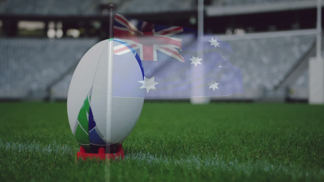 Australian flag overlay on rugby ball on field, highlighting national pride