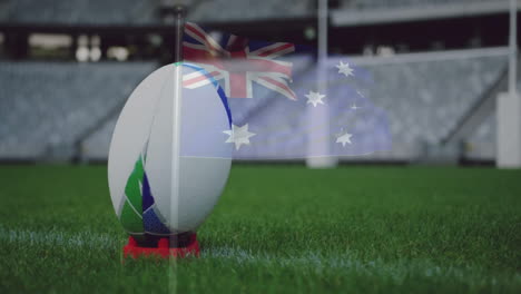 australian flag overlay on rugby ball on field, highlighting national pride