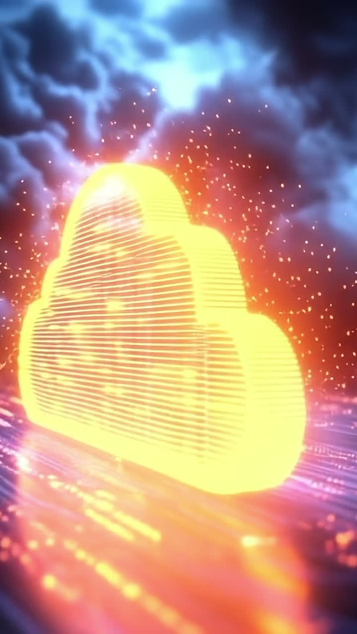 Bright cloud symbol over dark background. A glowing cloud symbol is illuminated against a backdrop of dark, swirling clouds and vibrant light patterns.