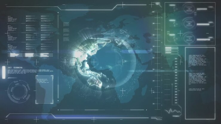 Animation of data processing and globe over world map