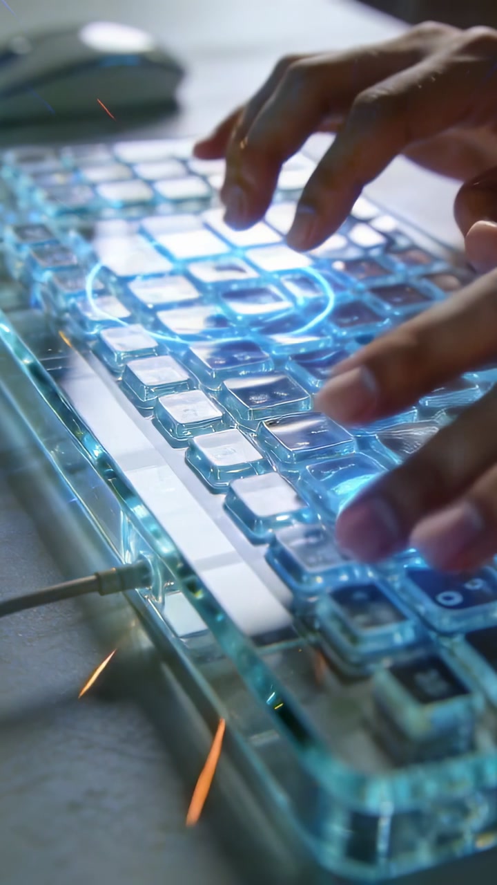 Vertical video: Hovering hands descending pressing clear keys at desk, making blue glow near mouse