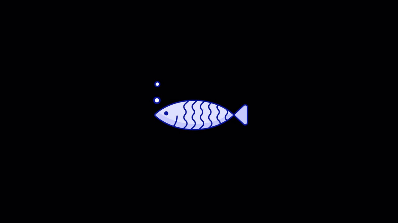 Animazione minimalista di pesce blu con bolle su sfondo nero