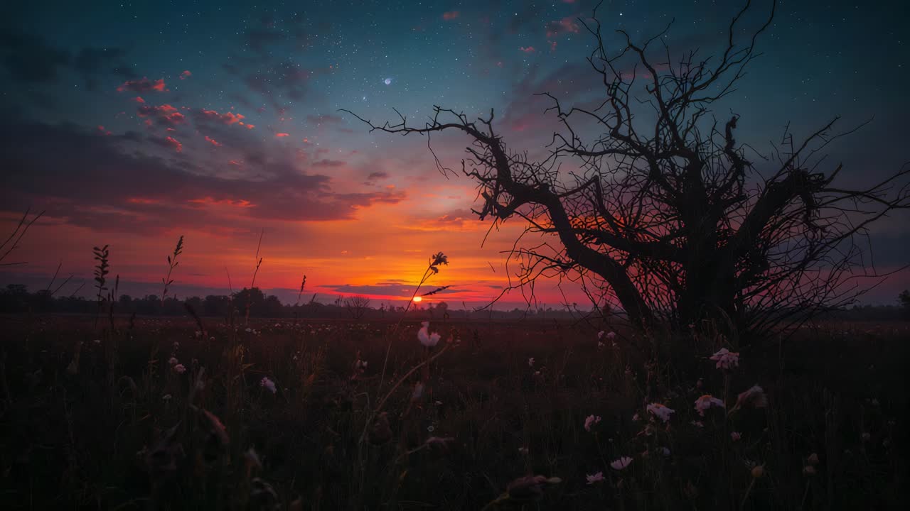 Slipping sun initiating sky deepening into night over flower field with tree silhouette, Milky Way