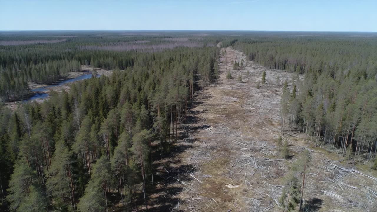 Dramatic Aerial View of a Forest Area Revealing Recent Logging Activities and Environmental Changes Impacting the Natural Landscape and Ecosystem Health